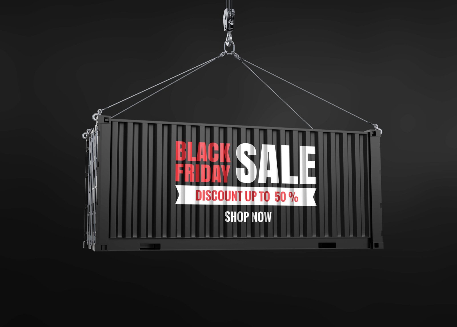 A imagem mostra um container preto em que está escrito Black Friday