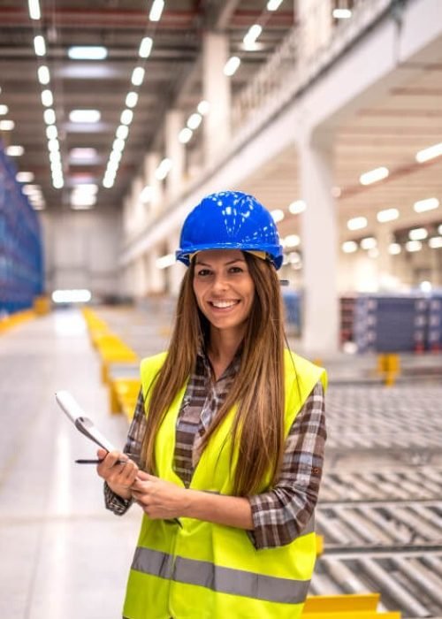 Portrait of beautiful brunette woman with hardhat and reflective jacket holding checklist in big warehouse storage area
